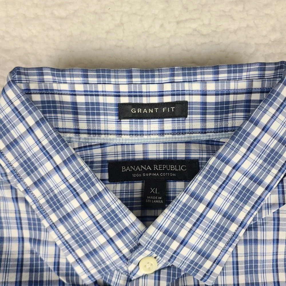 Banana Republic Shirt Men XL Blue Plaid Grant Fit 120s Supima Cotton Button Up *